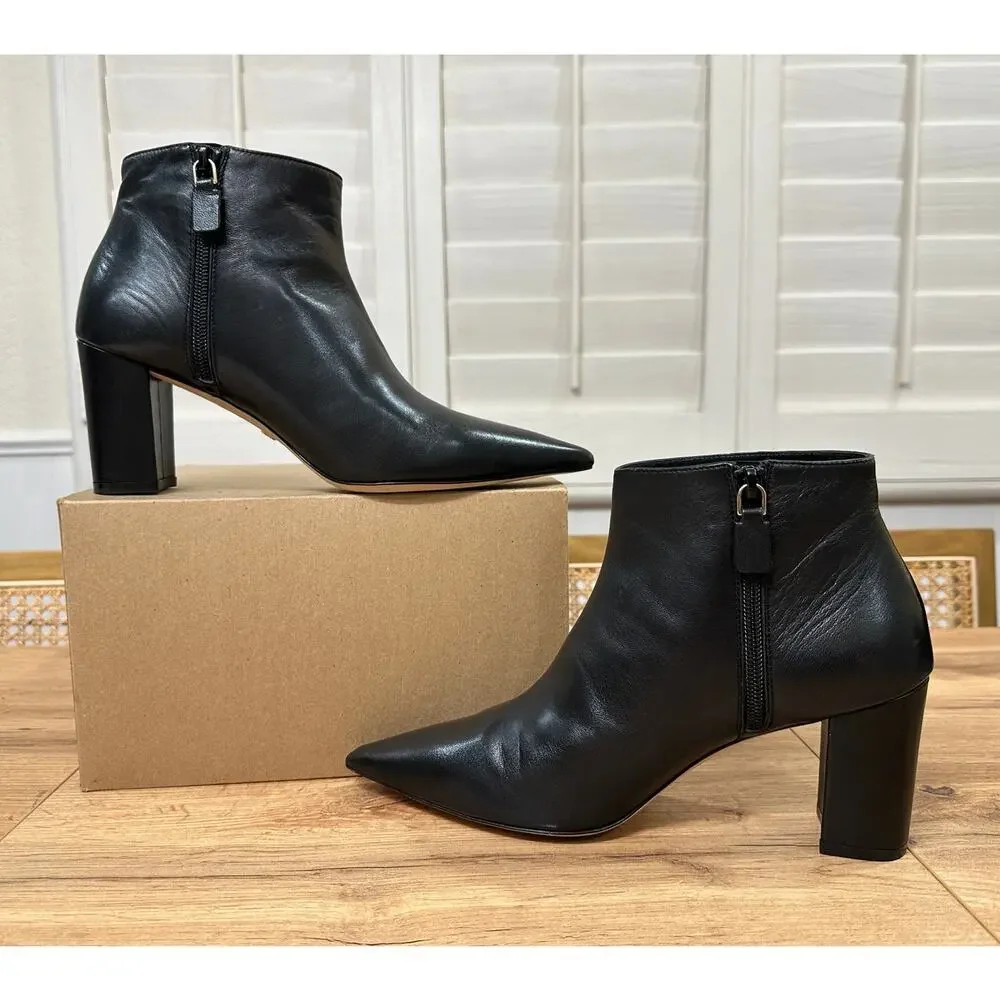 Stuart Weitzman Stuart 75 Pointed Toe Zip Booties Black Leather Size 8.5 NWOB